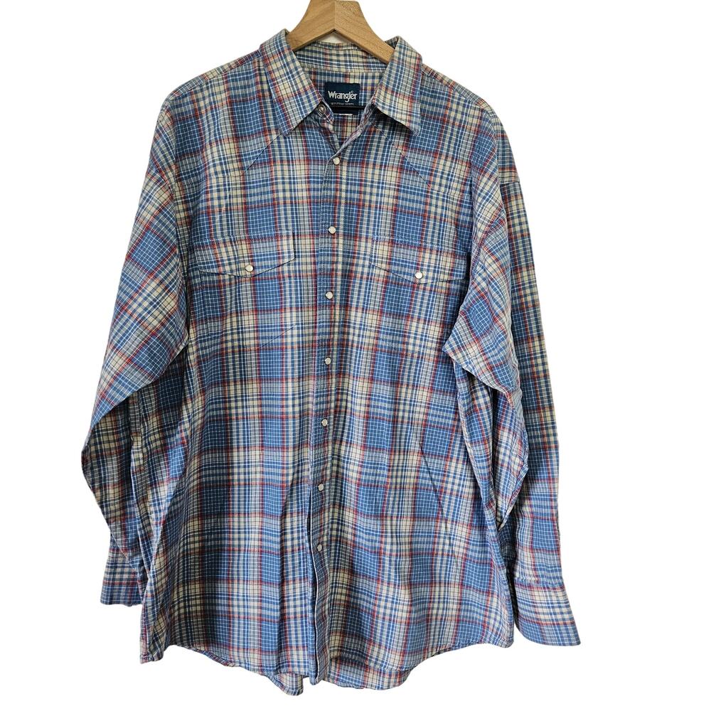 Wrangler Plaid Pearl Snap Shirt Men's 2XL? Blue Western Retro‎